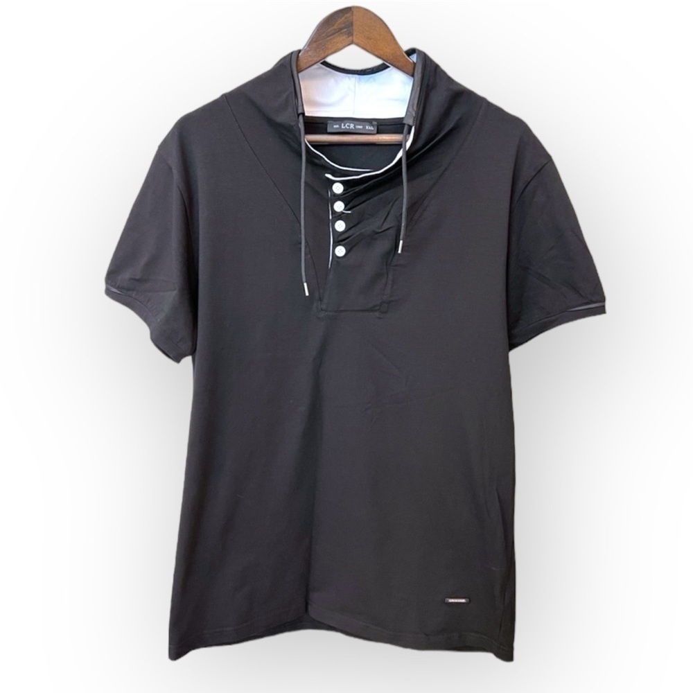 LCR 1989 Men’s Black henley Tshirt with white button accents front closure,XXL